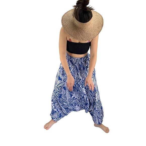 Apau ~ Gender Fluid Aladdin Gypsy Pants Blue White Tropical Floral Leaf Design - Picture 12 of 14